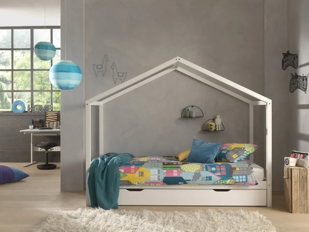 Set DALLAS în alb format dintr-un Pat copii Vipack fără gard (90 x 200 cm) și un sertar.
