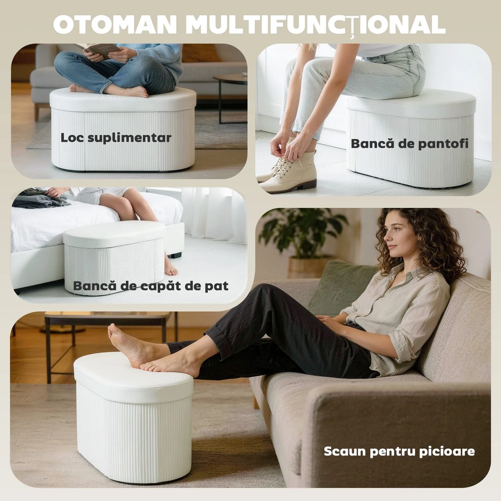 HOMCOM Taburet cu Spațiu de Depozitare Pliabil, Bancă Modernă Tapițată cu Material Catifea, Suport pentru Picioare cu Compartiment de 72L pentru Living și Dormitor, 76x38x35 cm, Crem | Aosom Romania