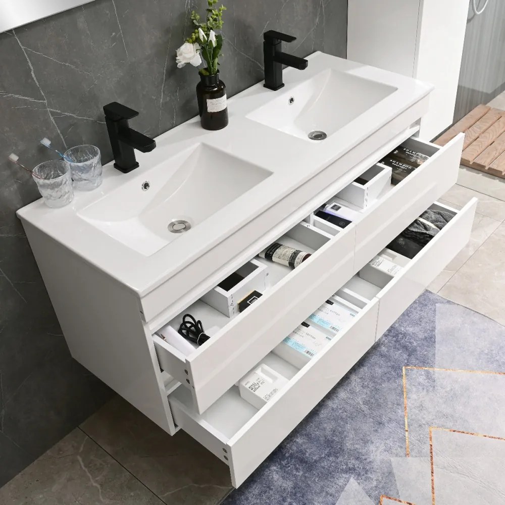 Mască de baie Cube 120 cu chiuvetă ceramică, 2 sertare, vopsită în alb lucios