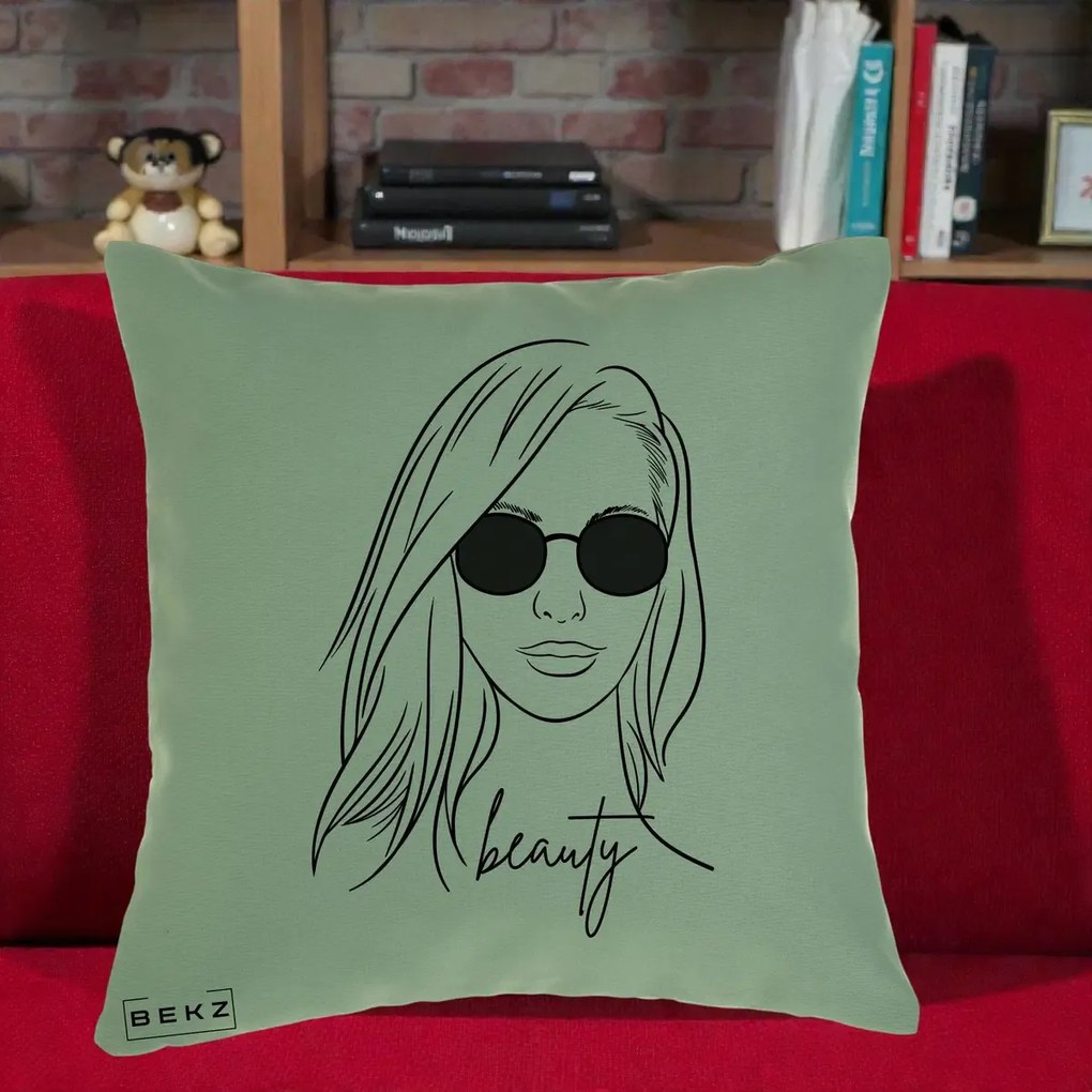 Perna Decorativa Beauty Girl Line Art, 40x40 cm, Verde, Husa Detasabila, Perna Inclusa, BEKZ®