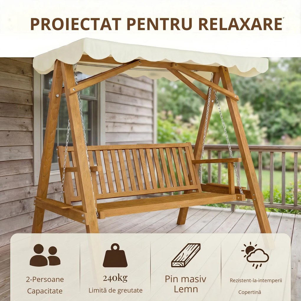 Balansoar de Gradina Outsunny 2 Locuri, Lemn de Pin, Acoperis Parasolar, Alb | Aosom Romania