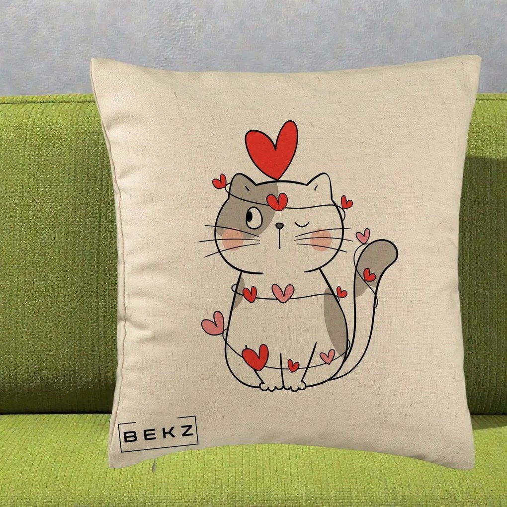 Perna Decorativa Pisica Kawaii cu Inimi, 40x40 cm, Bej, Husa Detasabila, Perna Inclusa, BEKZ®
