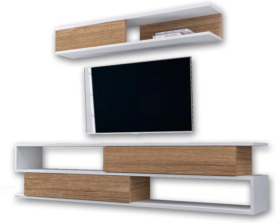 Set comodă TV și raft de perete în decor de lemn de nuc Manyetik, alb