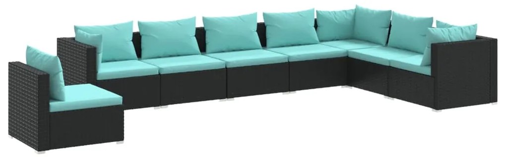 Set mobilier de gradina cu perne, 8 piese, negru, poliratan negru si albastru acvatic, 3x colt + 5x mijloc, 1