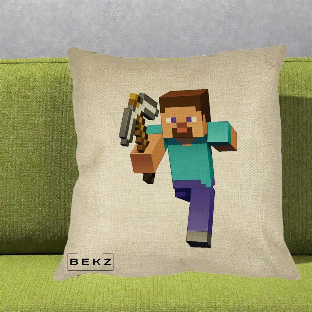 Perna Personalizata Minecraft Steve, 40x40 cm, Crem, Husa Detasabila, Perna Inclusa, BEKZ®