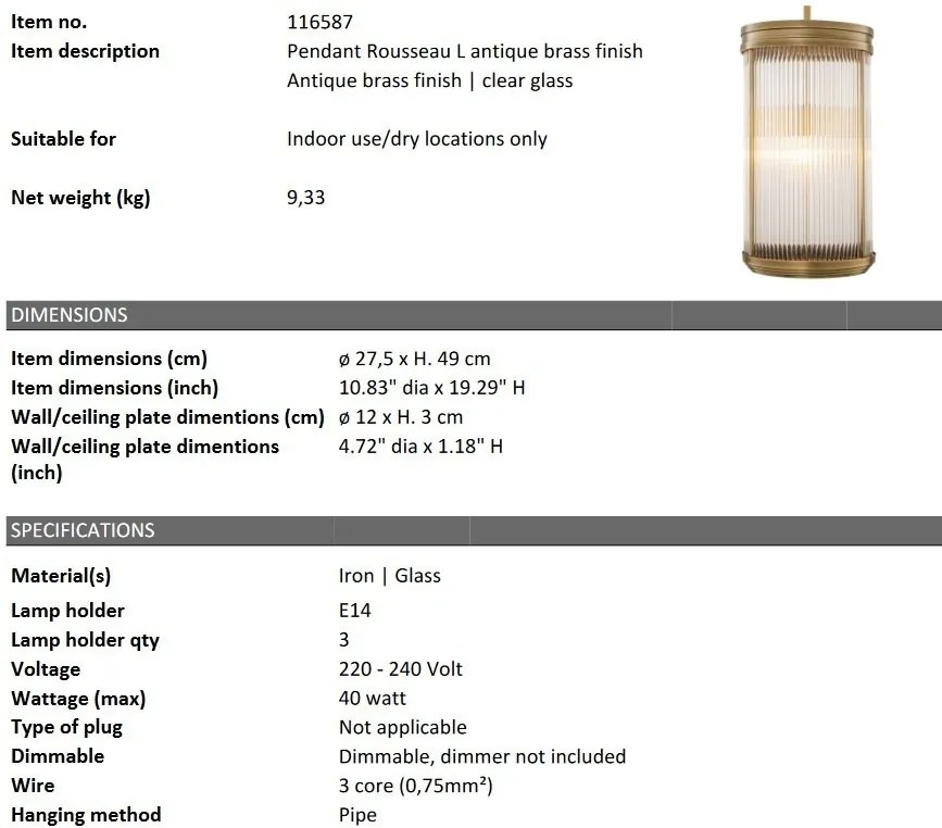 Lustra, Pendul design LUX Rousseau L, alama antic