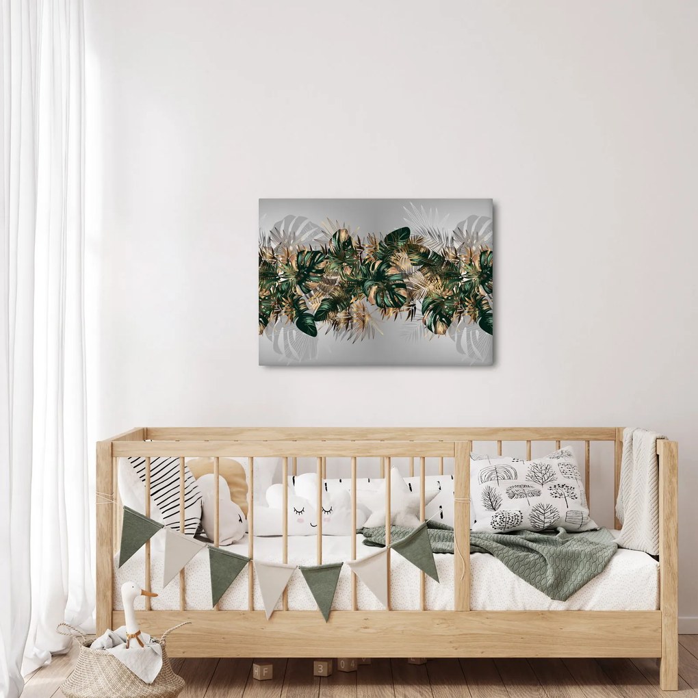 Tablou - Frunze tropicale, Galben - auriu (70x50 cm)