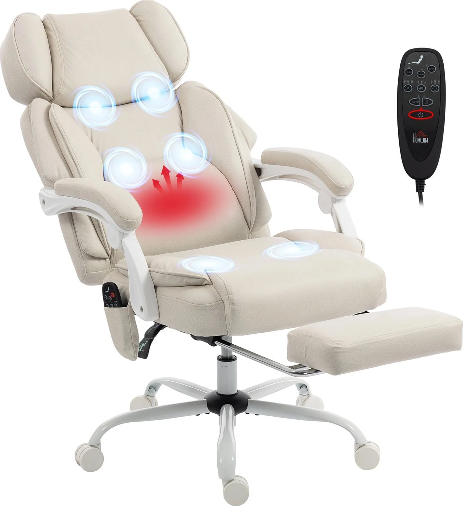 HOMCOM Scaun de birou cu spătar înalt cu masaj prin vibrații și încălzire, ergonomic, rabatabil, cu suport pentru picioare, alb crem | Aosom Romania