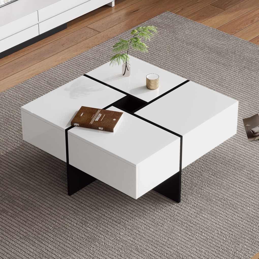 Elegantă măsuță de cafea lucioasă cu 4 sertare, compartiment de depozitare integrat, 70×70×35 cm, Alb+Negru