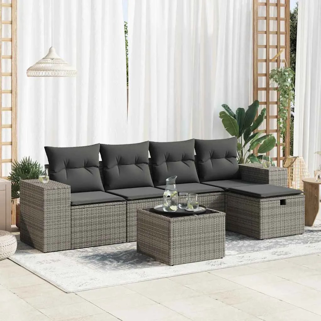 vidaXL Set mobilier grădină cu perne, 6 piese, gri, poliratan