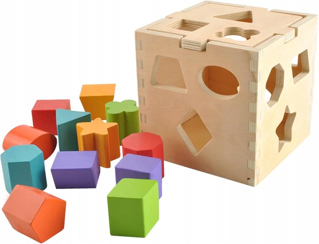 Cub Educational din Lemn cu 12 Forme Geometrice Multicolore pentru Copii 3 Ani+