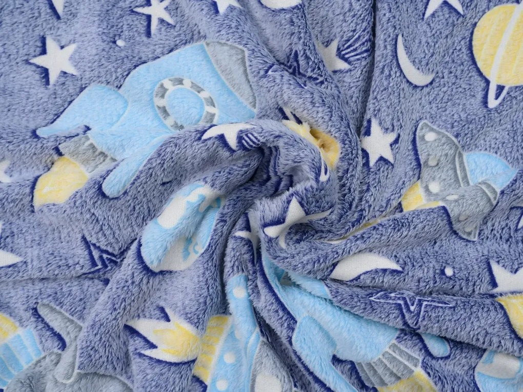 Patura fosforescenta microflanel COMET AND ROCKET 150x200 cm albastru-gri