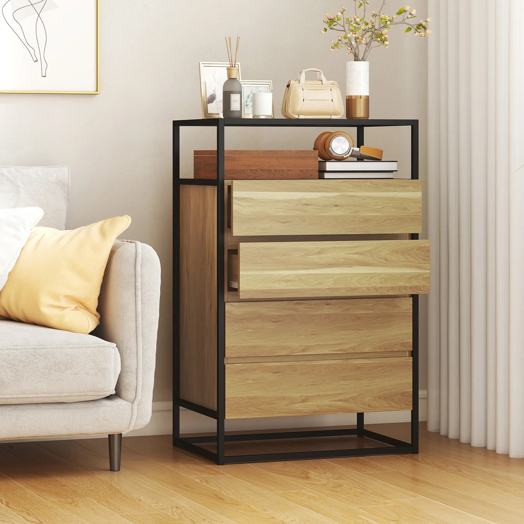 HOMCOM Comodă cu 4 Sertare, Raft Deschis, Oțel, Sticlă Securizată | Aosom Romania