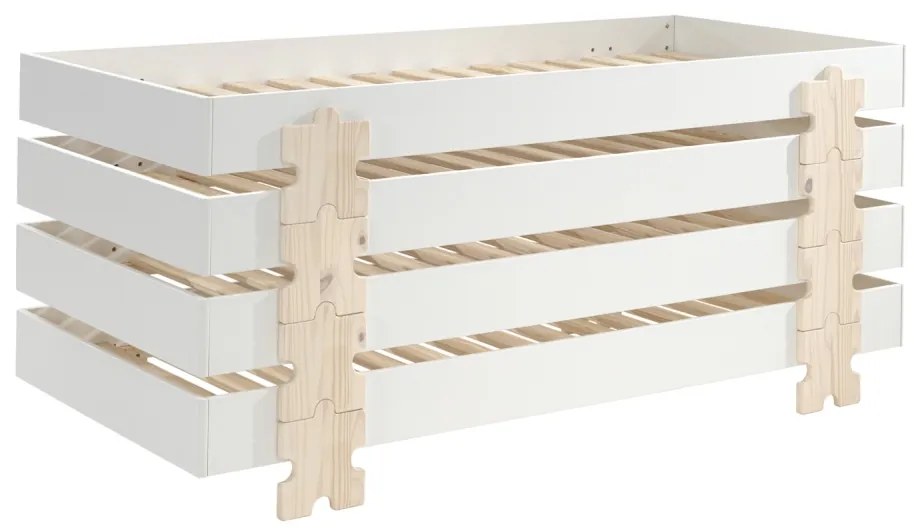 Set 4 paturi stivuibile pentru copii MODULO, alb, din MDF și pin masiv, cu somiere cu lamele incluse – Vipack