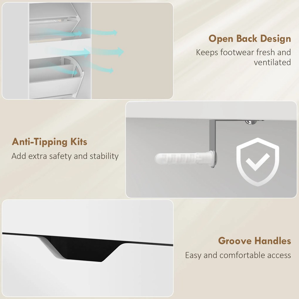 HOMCOM Dulap pentru pantofi 18 perechi, dulap îngust pentru pantofi, 3 sertare rabatabile, rafturi reglabile, alb | Aosom Romania