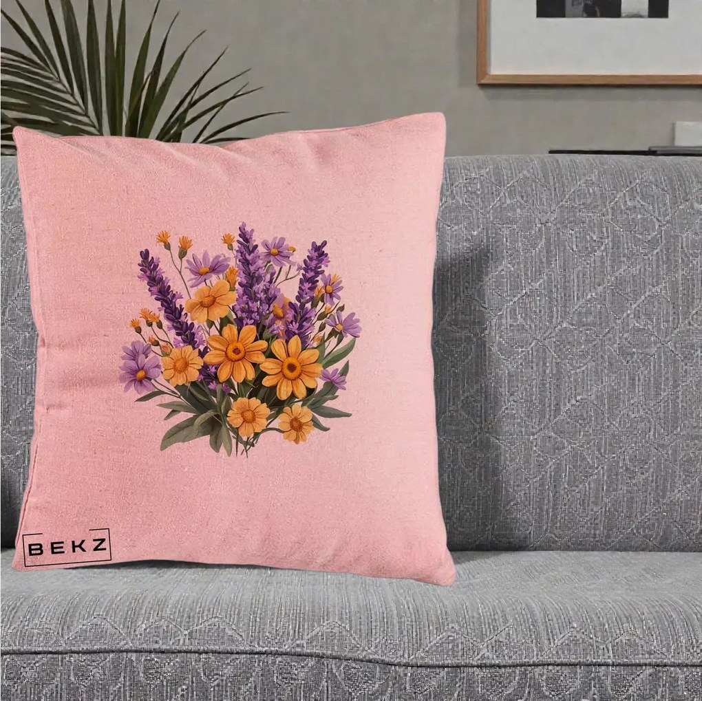Perna Decorativa Lavanda cu Margarete Galbene si Lila, 40x40 cm, Roz, Husa Detasabila, Perna Inclusa, BEKZ®