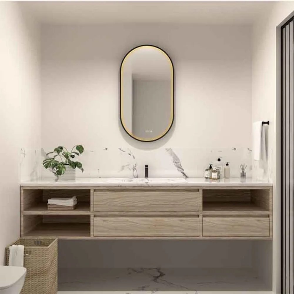 Oglinda cu iluminare si dezaburire Fluminia Canaria cu afisare ora 50x90 cm finisaj negru mat