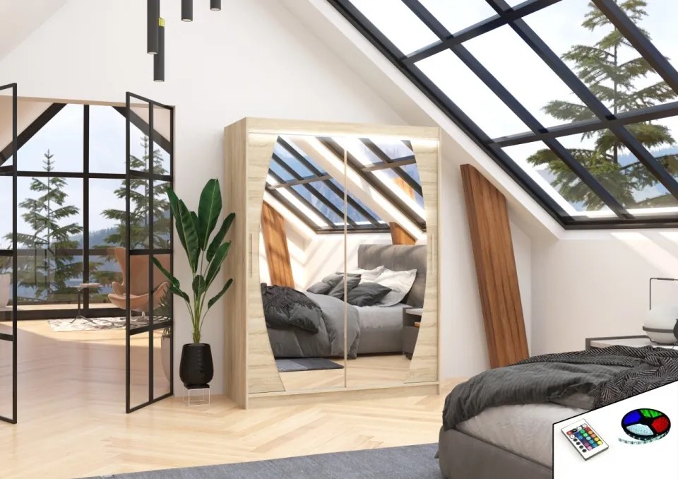 Dulap cu usi glisante si oglinda + iluminare LED, Alen 150 + LED, 150 cmx200 cmx58 cm, ADRK Furniture (Culoare: Trufă)