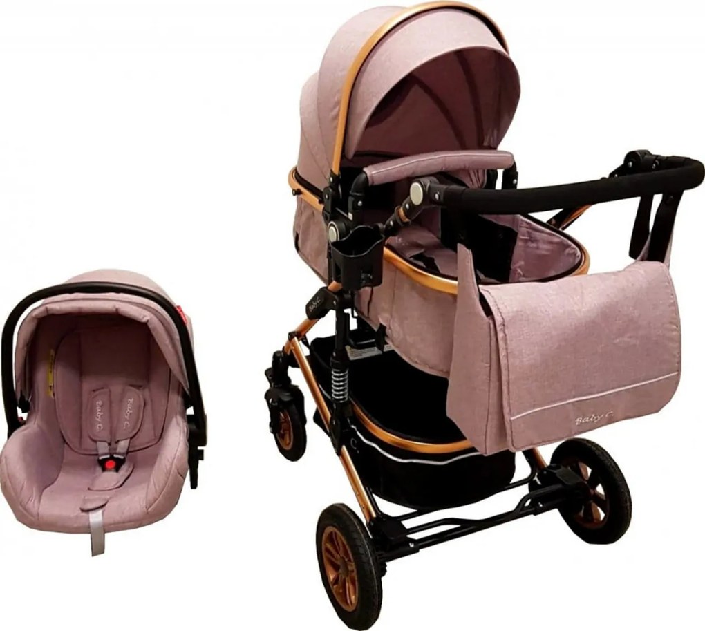 Carucior nou nascuti 3 in 1 Baby Care™ PRO 531 , Cu geanta Bebe inclusa, Cadru Aluminiu Gold, Amortizoare, Roti din cauciuc plin AVE, Landou, Scoica