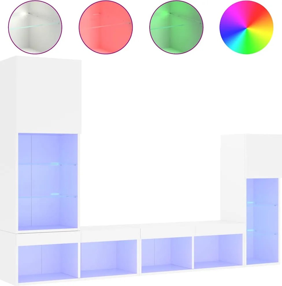 vidaXL Unități de perete TV cu LED-uri, 4 piese, alb, lemn prelucrat