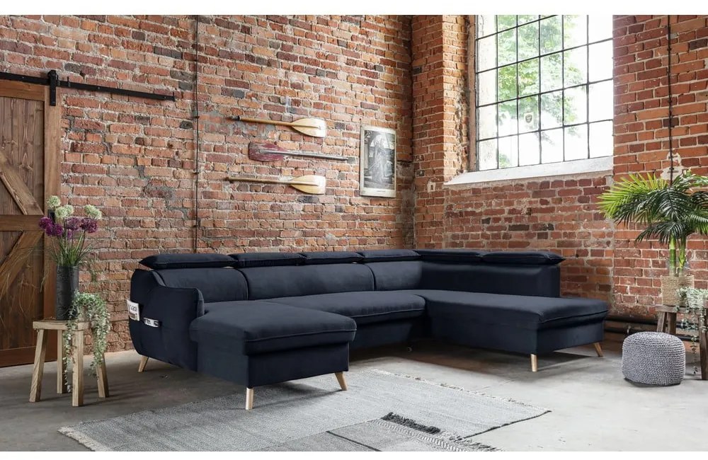 Colțar albastru închis extensibil cu tapițerie din catifea (cu colț pe partea dreaptă/în formă de "U") Sweet Harmony – Miuform