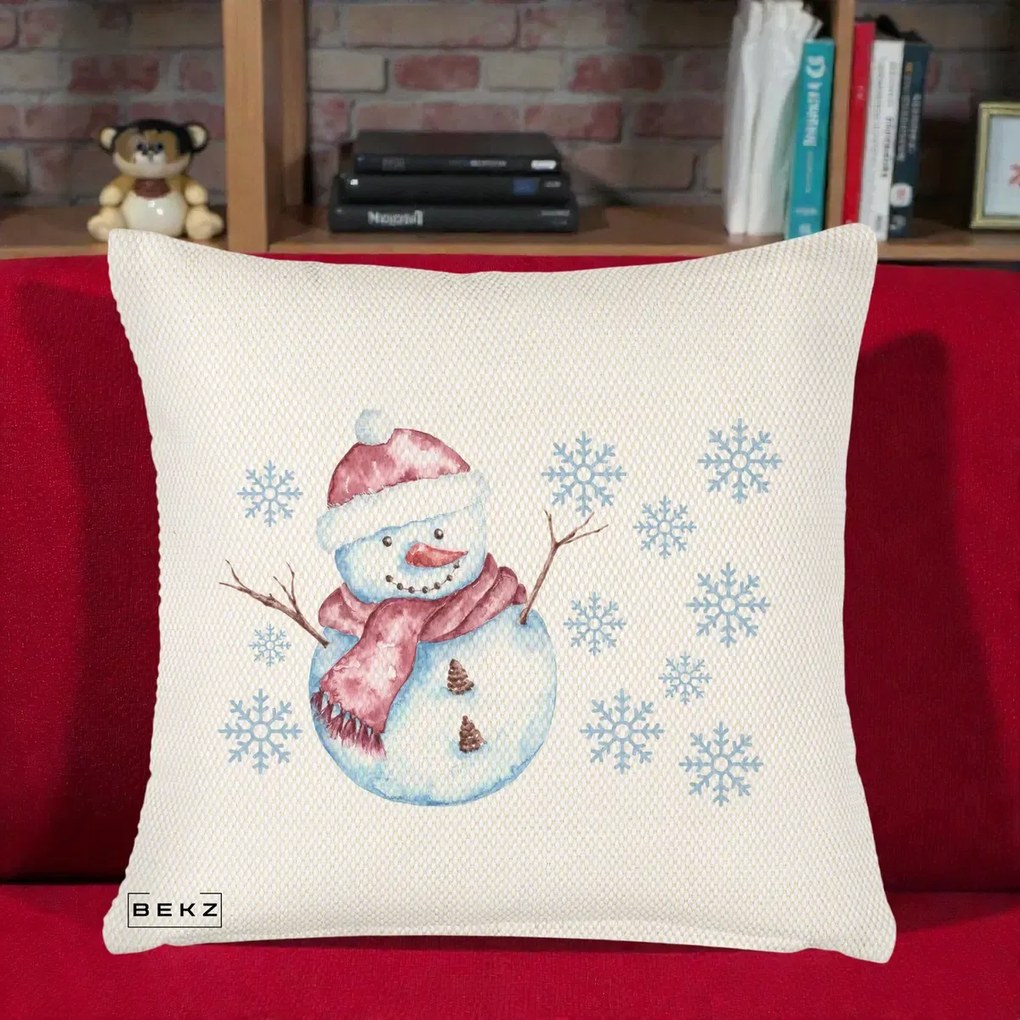Perna Decorativa Om de Zapada Rosu cu Fulgi, 40x40 cm, Crem Reliefat, Husa Detasabila, Perna Inclusa, BEKZ®