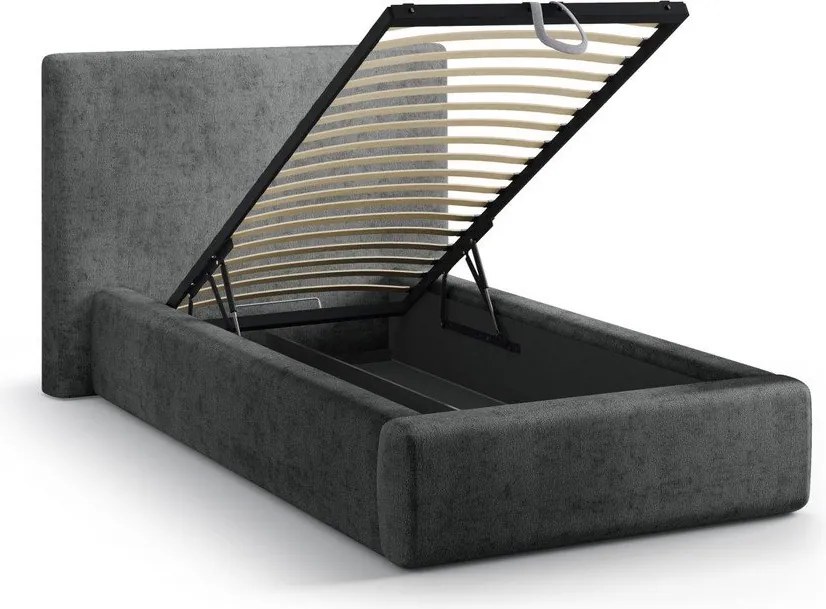 Pat gri închis tapițat cu spațiu de depozitare cu somieră 90x200 cm Amy – Micadoni