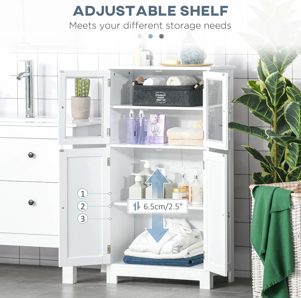 kleankin Mobile Bagno con 2 Armadietti e Ante in Vetro, Mobiletto Bagno Salvaspazio con Ripiano Regolabile, Armadietto da Terra per Sala da Pranzo, Salotto, Soggiorno, Cucina, 60x30x108.5 cm, Bianco | Aosom Romania