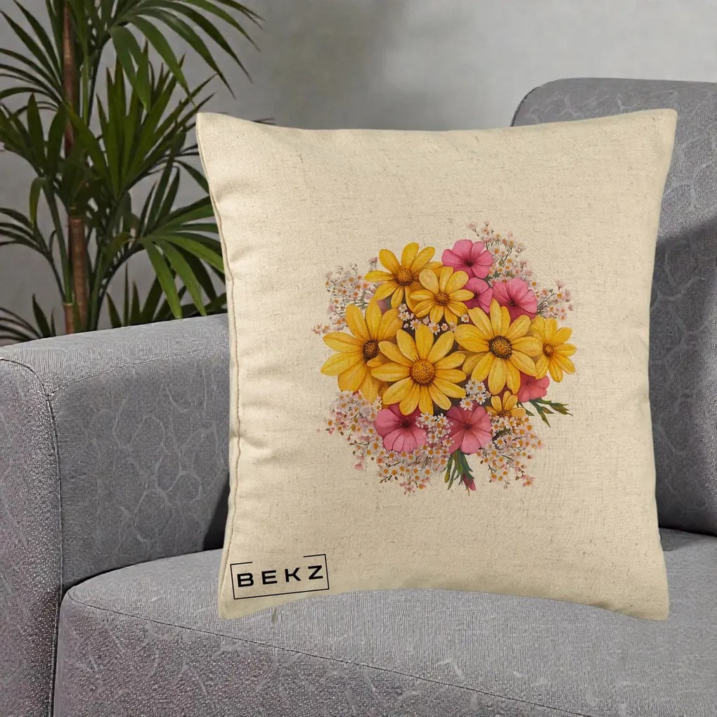 Perna Decorativa Floarea-Soarelui cu Cosmos Roz si Gypsophila, 40x40 cm, Bej, Husa Detasabila, Perna Inclusa, BEKZ®