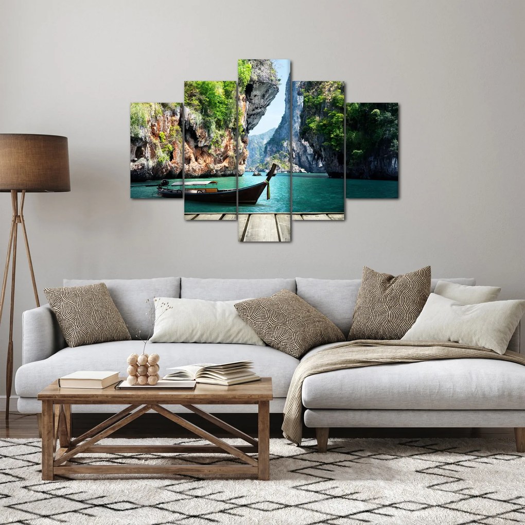 Tablou - Apă peisaj mediteranean cu barca (150x105 cm)