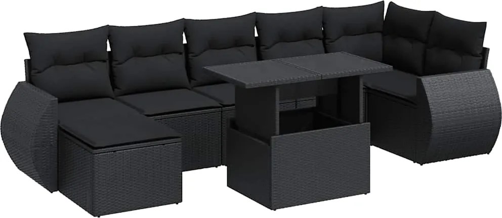 vidaXL Set mobilier de grădină cu perne, 8 piese, negru, poliratan