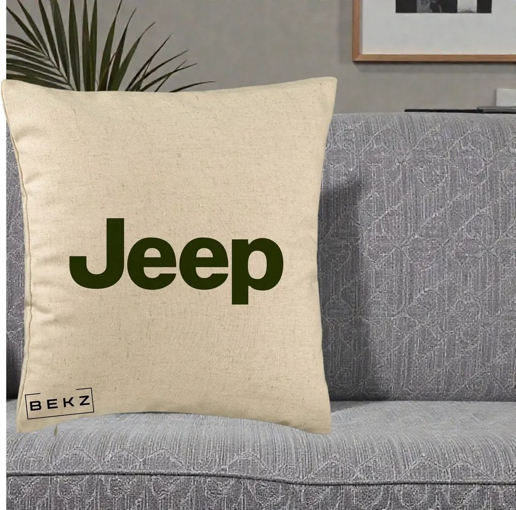 Perna Personalizata cu emblema Jeep, 40x40 cm, Bej, Husa Detasabila, Perna Inclusa, BEKZ®