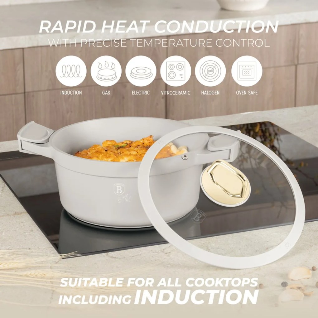 Oală cu capac 24 cm, 4.4L – Berlinger Haus Sahara Collection BH 7787, crem, antiaderentă, ideală pentru gătit zilnic și curățare ușoară