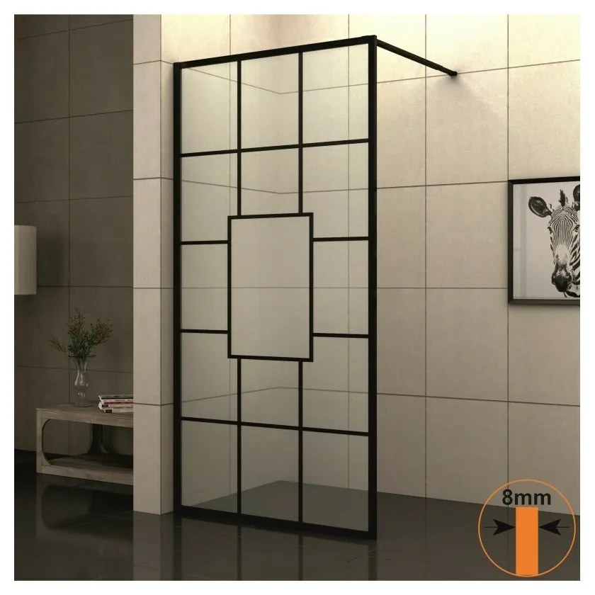 Paravan de dus tip Walk-In Inter Ceramic profil negru 100x200 cm sticla transparenta cu linii negre