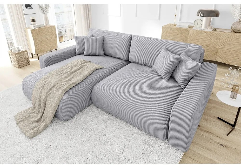 Colțar gri deschis extensibil cu tapițerie din catifea reiată (cu colț variabil) Sara – Ropez