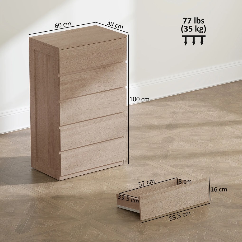 HOMCOM Comodă pentru Depozitare cu 5 Sertare, Comodă Înaltă, Comodă cu Ghidaje Metalice și Mânere Scanalate, Alb | Aosom Romania