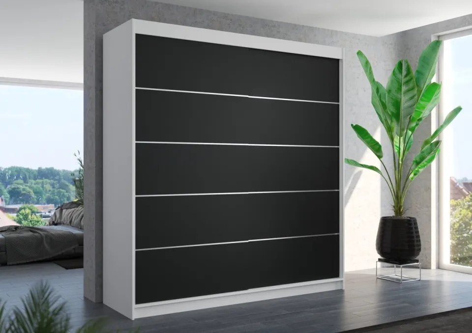 Dulap cu usi glisante Esteva 200x215 cm, 11 Rafturi + Bara pentru Umerase, ADRK Furniture (Culoare: Negru / Alb)
