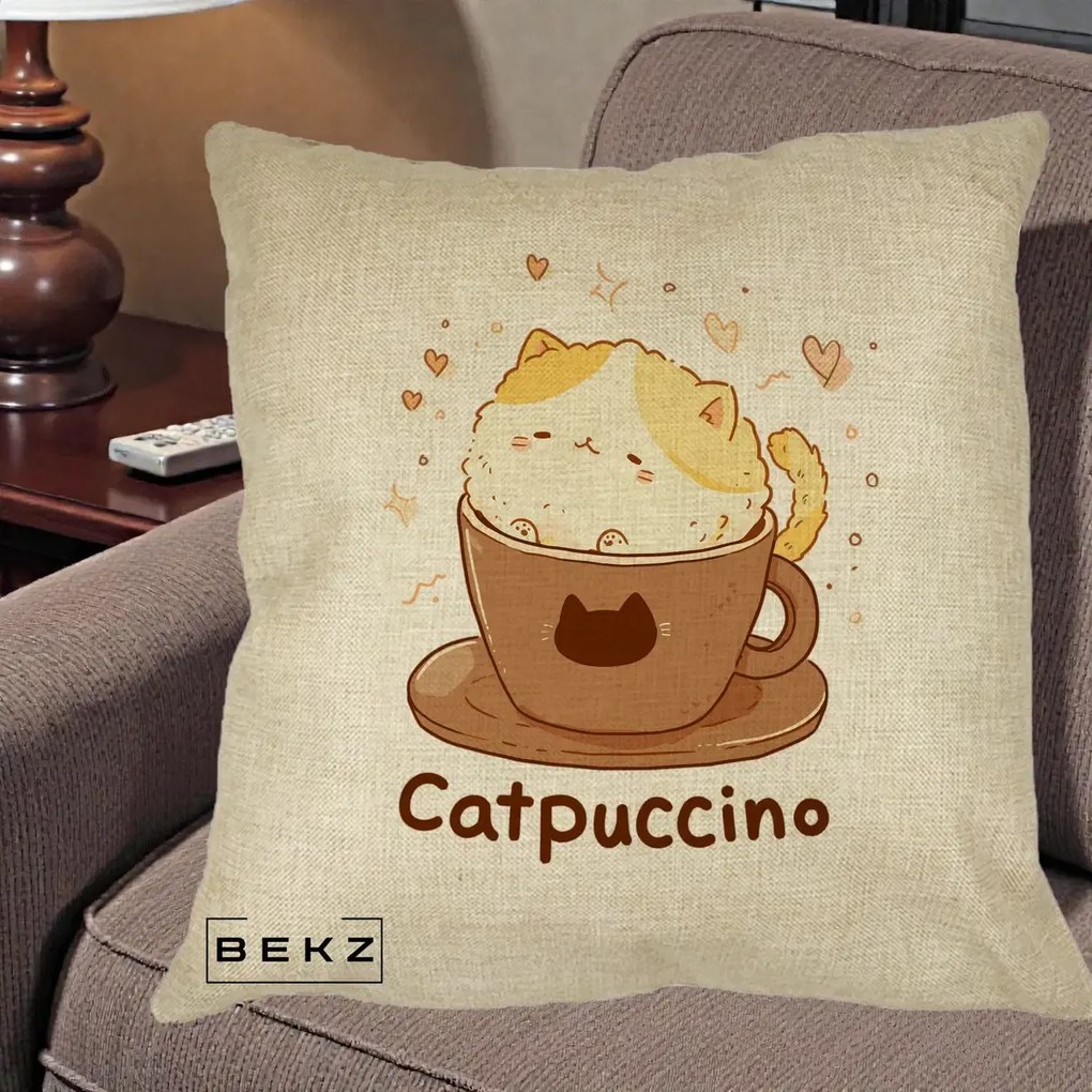 Perna Decorativa Catpuccino Pisica Cappuccino, 40x40 cm, Crem, Husa Detasabila, Perna Inclusa, BEKZ®