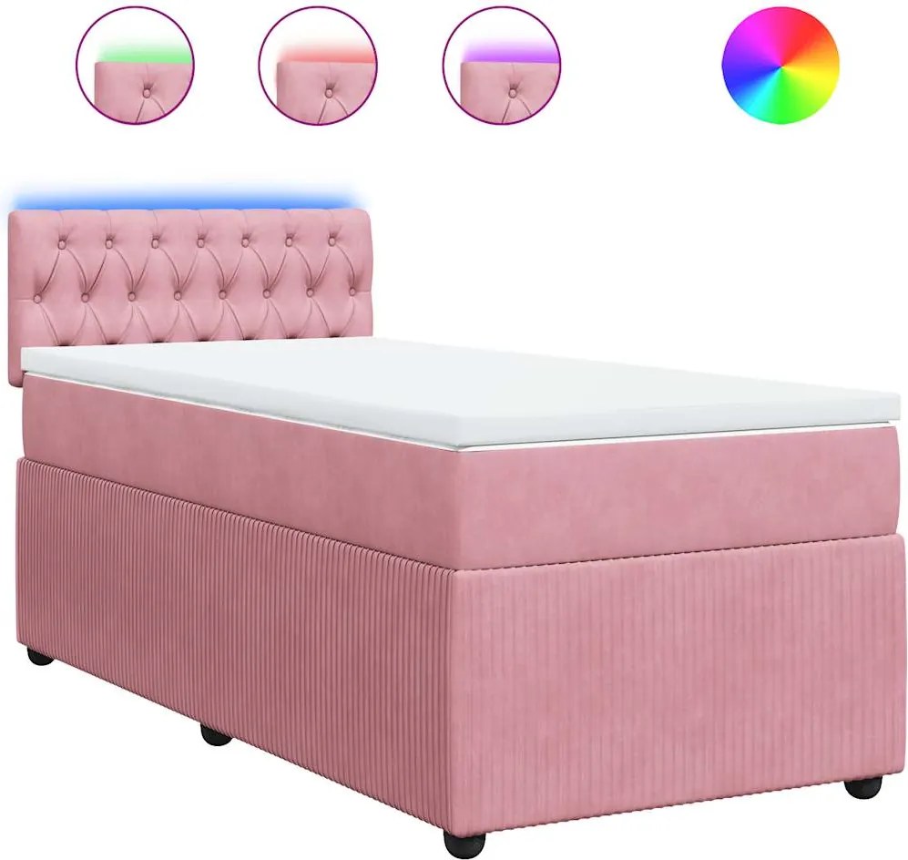 vidaXL Pat box spring cu saltea, roz, 90x190 cm, catifea
