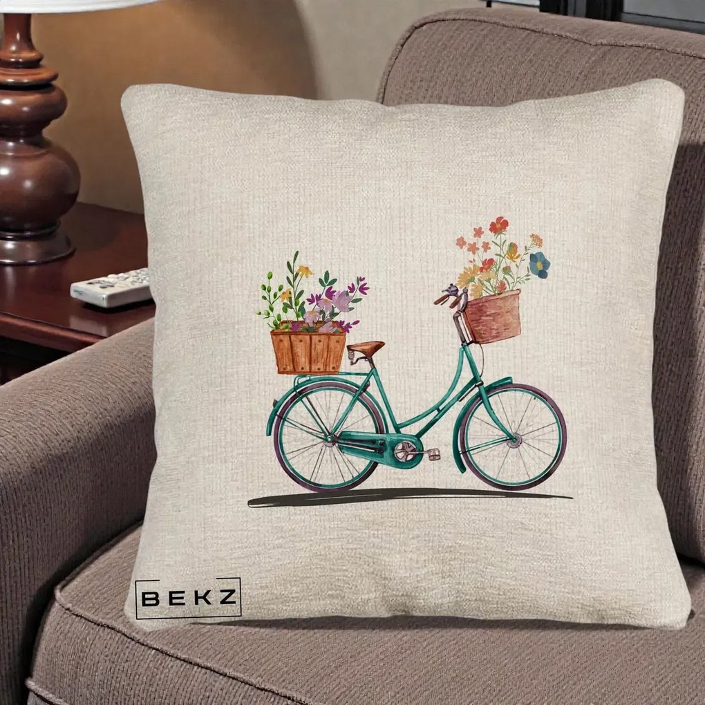 Perna Decorativa Bicicleta Florala Turcoaz Acuarela, 40x40 cm, Bej Canapea, Husa Detasabila, Perna Inclusa, BEKZ®
