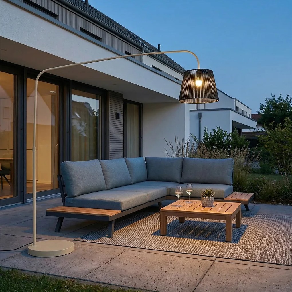 Lampă de podea de exterior Japandi bej cu abajur din frânghie neagră IP44 - Arc Jayla