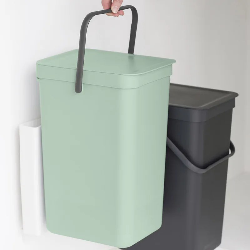 Cos de gunoi colectare selectiva Brabantia Sort&Go 1005518, 2x16 L, Montare pe usa dulapului, Gri/Verde