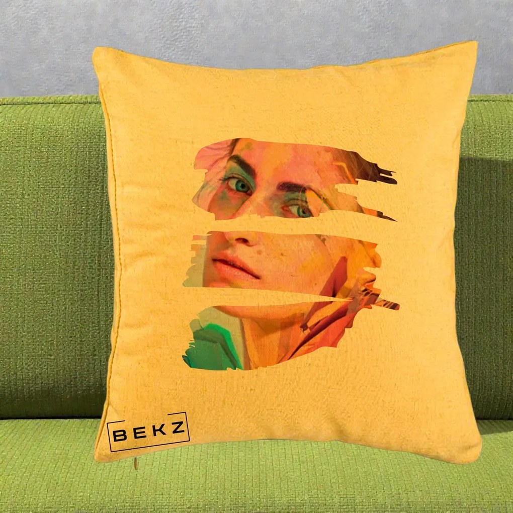 Perna decorativa Portret Femeie Fragmentat Colorat, 40x40 cm cu Umplutura, Galben, BEKZ