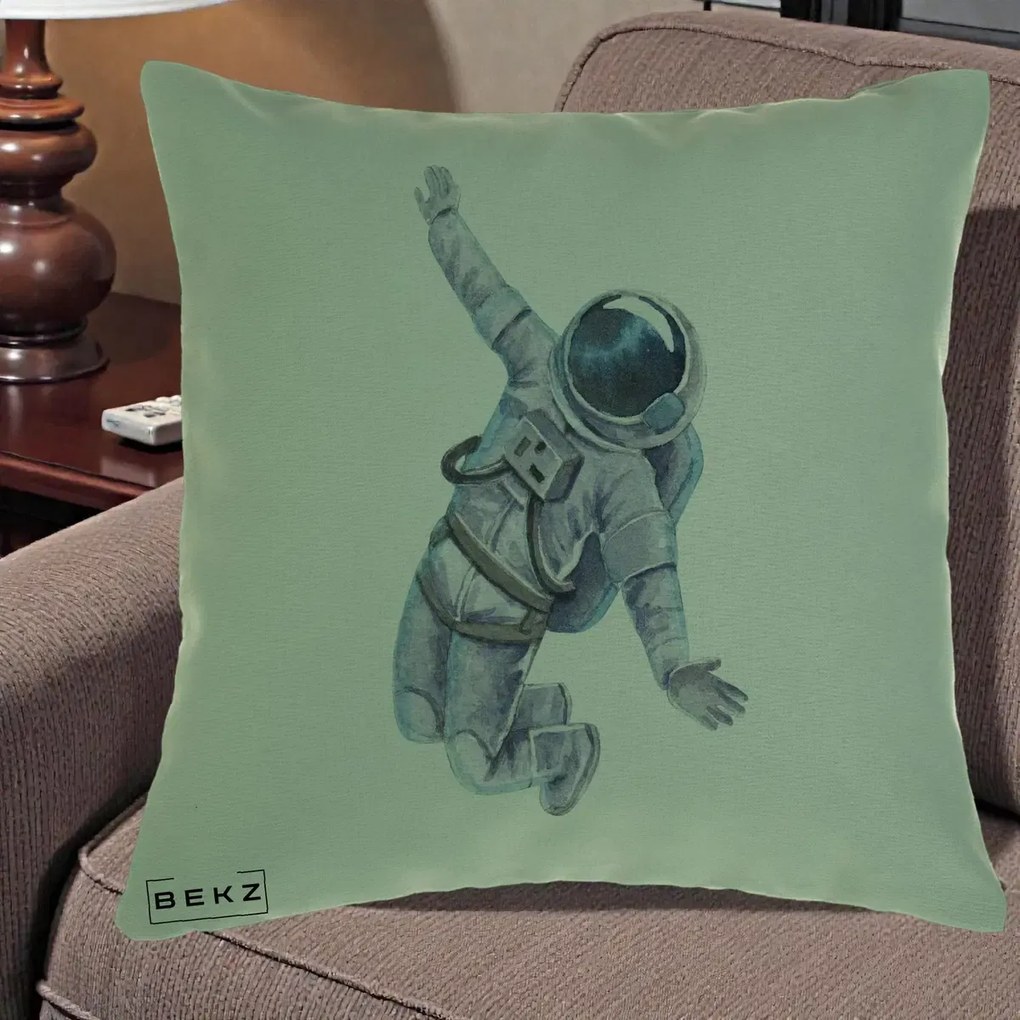 Perna Decorativa Astronaut Acuarela Zbor, 40x40 cm, Verde, Husa Detasabila, Perna Inclusa, BEKZ®