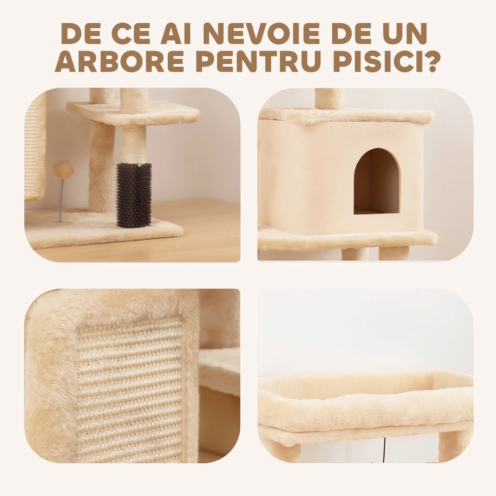 PawHut Arbore pentru Pisici Multilevel Înalt 132 cm cu Căsuță, Culcuș, Stâlpi Zgâriători, Perie și Biliță, Bej | Aosom Romania