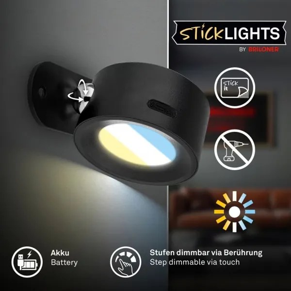 Briloner 3896015 - Aplica LED de perete TARI, reglabilă, reîncărcabilă LED/1,6W/5V 1500 mAh neagră