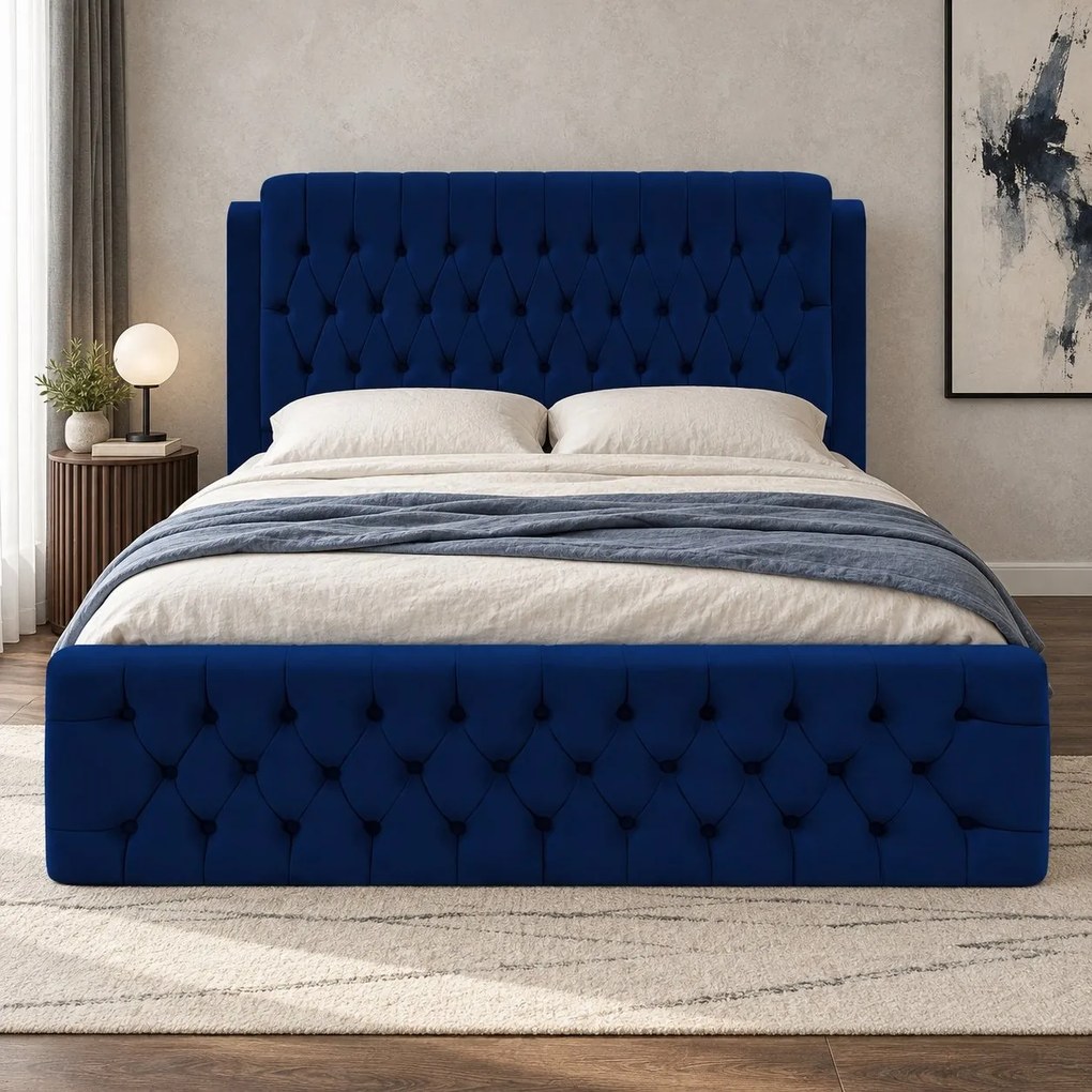 Pat tapițat din catifea Aveline 140×200 cm, bleumarin, cu ladă de depozitare