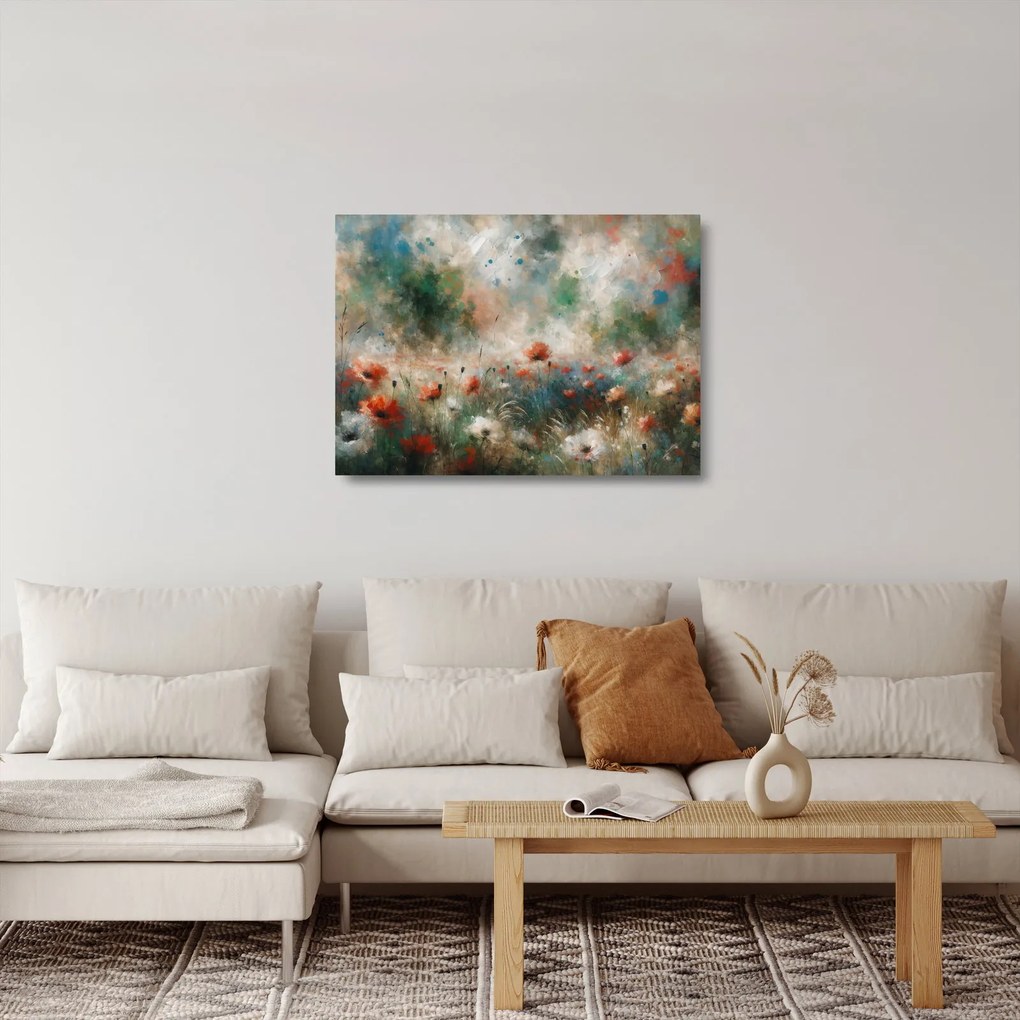 Tablou pe sticlă – Abstracție de câmp cu maci (70x50 cm)