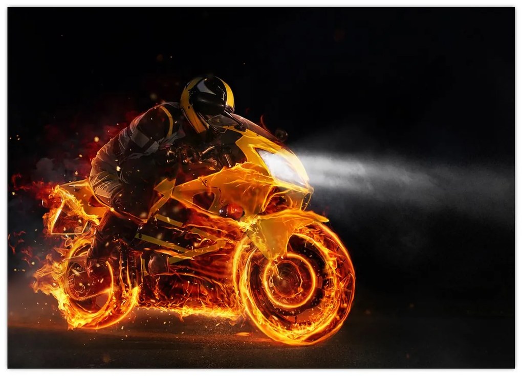 Tablou pe sticlă - Motociclist cu flăcări (70x50 cm)