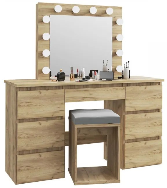 SEM508 - Set Masa toaleta, 120 cm, cosmetica machiaj, masuta vanity, oglinda cu LED-uri cu sau fără Priza, cu sau fără Scaun - Culoarea Stejar